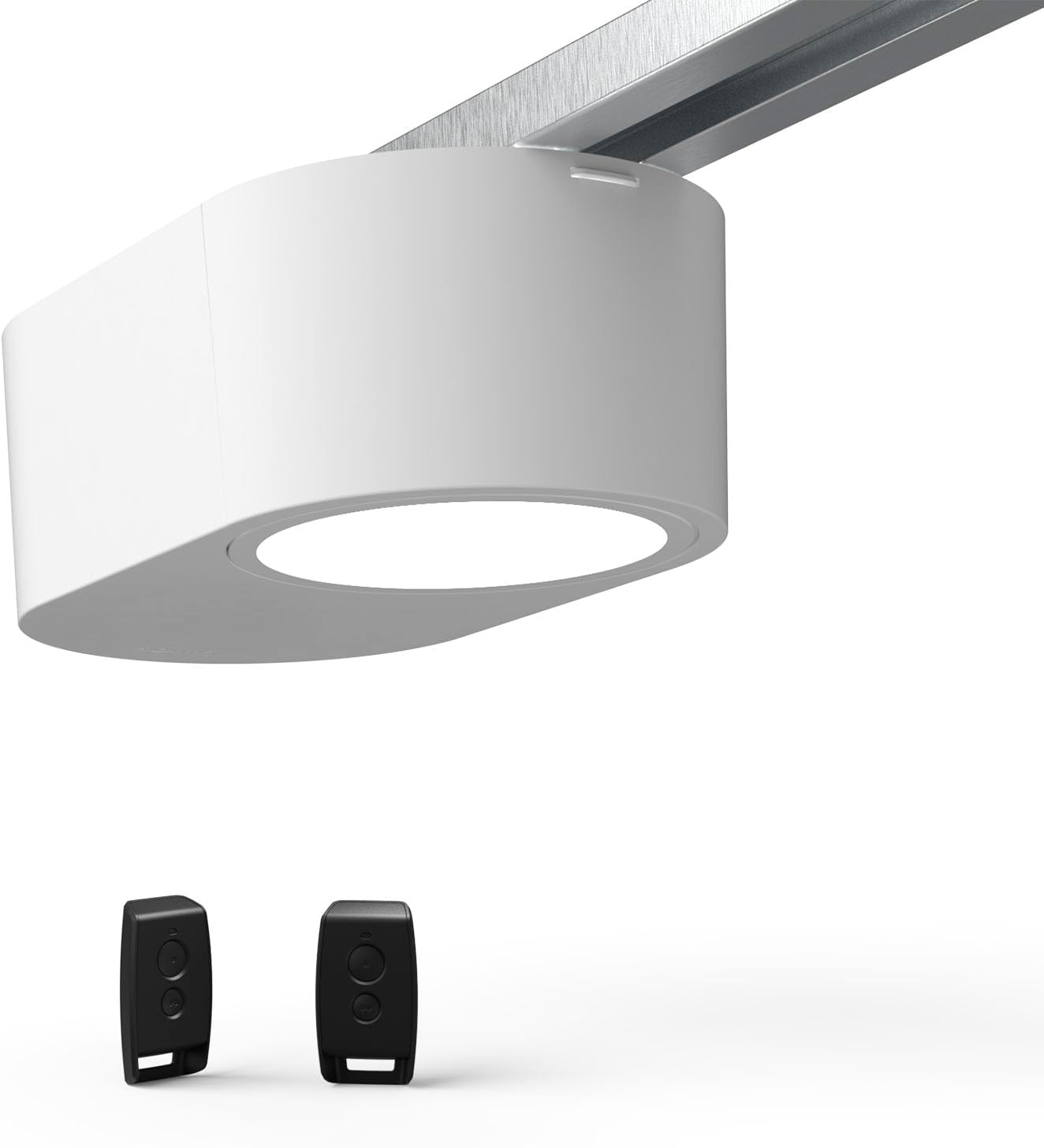 Fotografía técnica oficial de Somfy Motor Seccional para Puerta de Garaje con Raíl de Cadena y Mandos Remotos - Vista frontal con fondo neutro