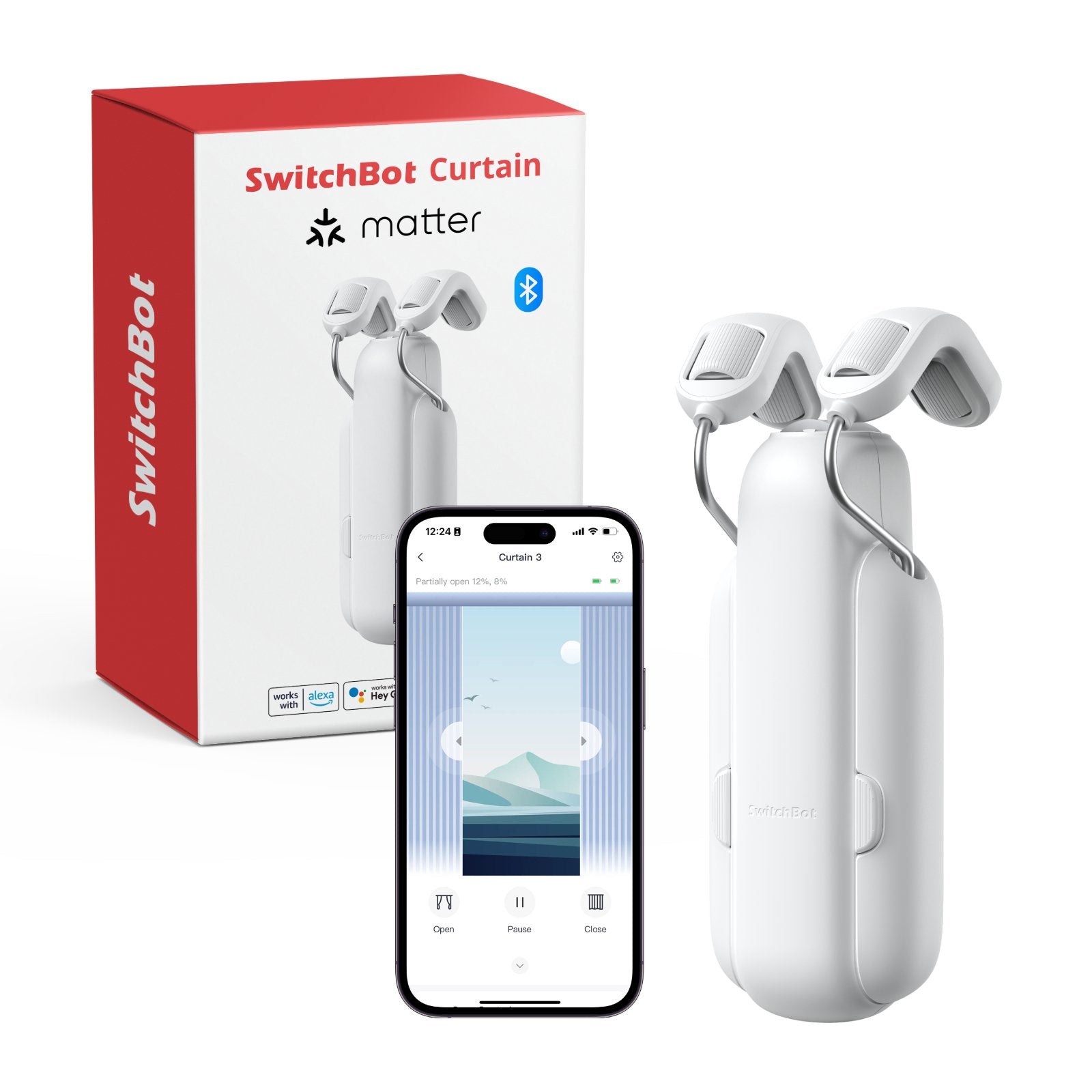 Fotografía técnica oficial de SwitchBot Cortinas 3 Motor Inteligente Inalámbrico con Modo Silencio QuietDrift - Vista frontal con fondo neutro