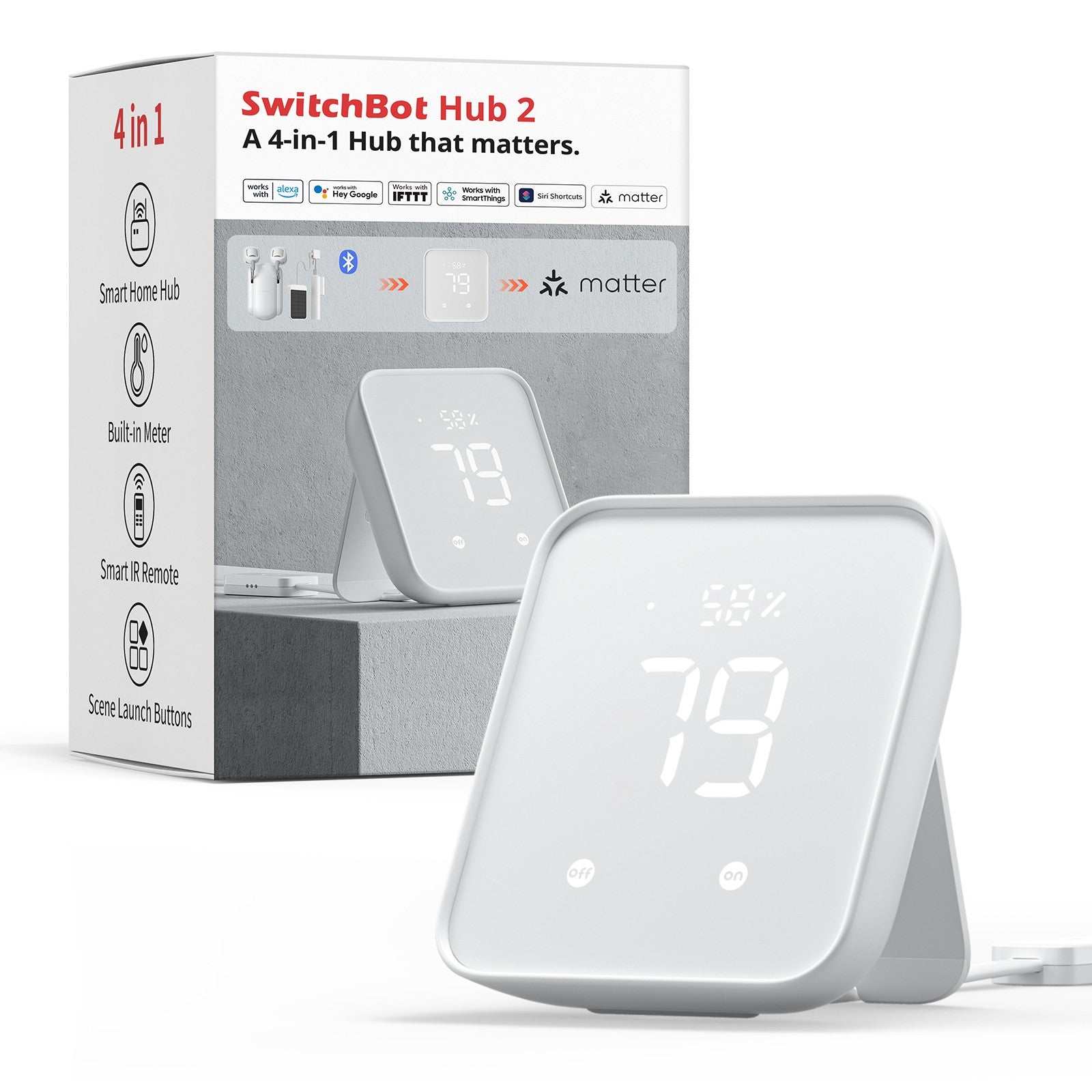 Fotografía técnica oficial de SwitchBot Hub 2 Termohigrómetro WiFi y Emisor IR con Certificación Matter - Vista frontal con fondo neutro