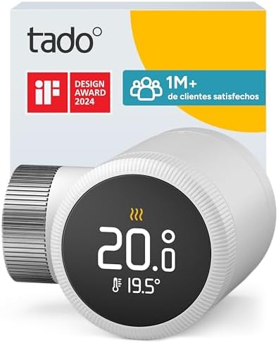 Fotografía técnica oficial de tado° Termostato de Radiador Inteligente X con Matter sobre Thread y Pantalla Táctil - Vista frontal con fondo neutro