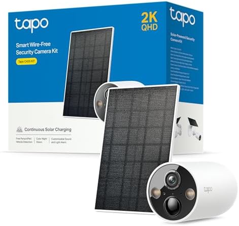 Fotografía técnica oficial de TP-Link Tapo C425 Kit Cámara de Vigilancia WiFi Exterior 2K QHD Batería 10.000mAh y Panel Solar IP66 - Vista frontal con fondo neutro
