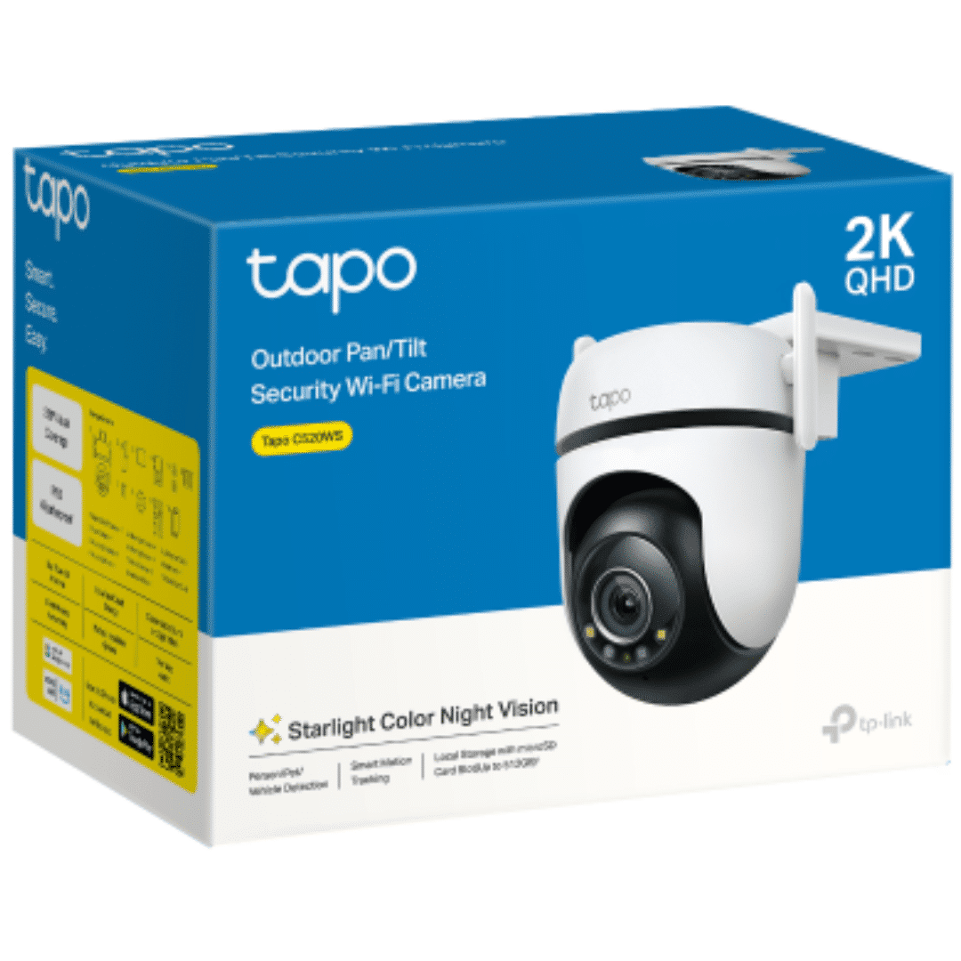 Fotografía técnica oficial de TP-Link Tapo C520WS Cámara Exterior 2K QHD 360° con Visión Nocturna Color - Vista frontal con fondo neutro