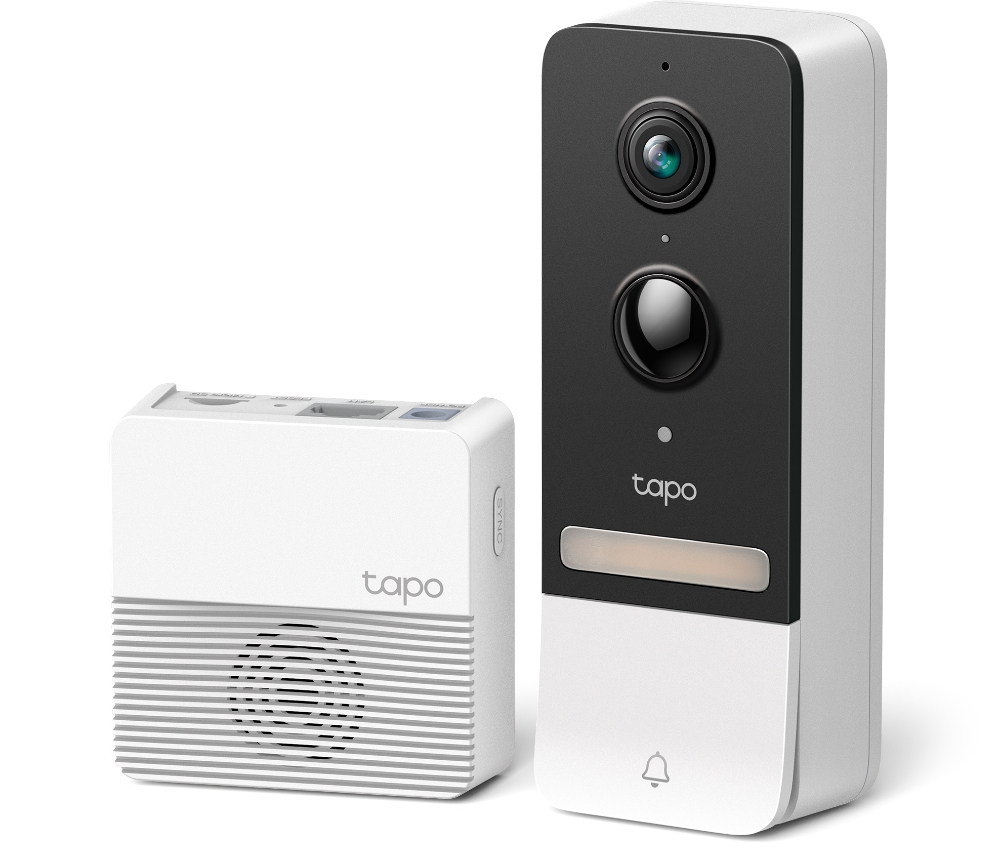 Fotografía técnica oficial de TP-Link Tapo D230S1 Videoportero WiFi con Batería 2K 5MP y Timbre Interior - Vista frontal con fondo neutro