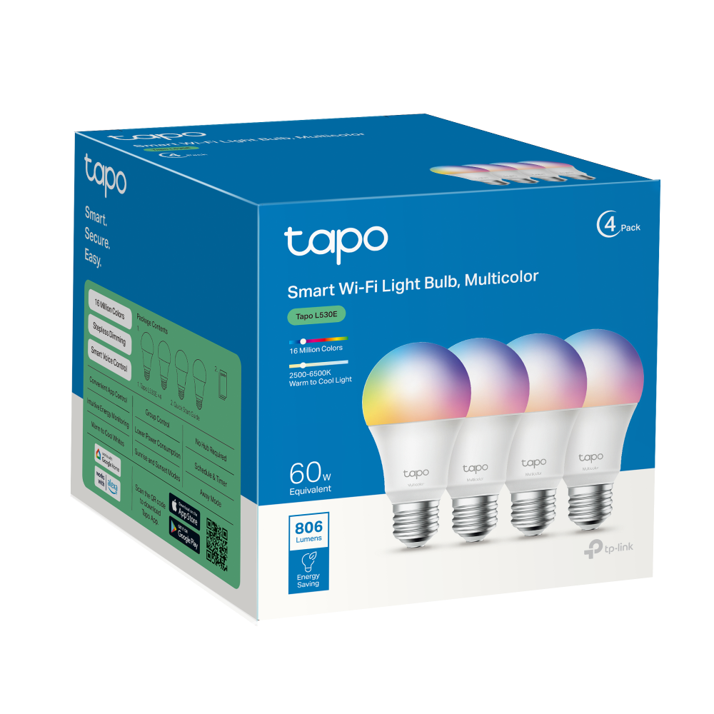 Fotografía técnica oficial de TP-Link Tapo L530E Pack 4 Bombillas LED WiFi E27 Multicolor RGBW - Vista frontal con fondo neutro