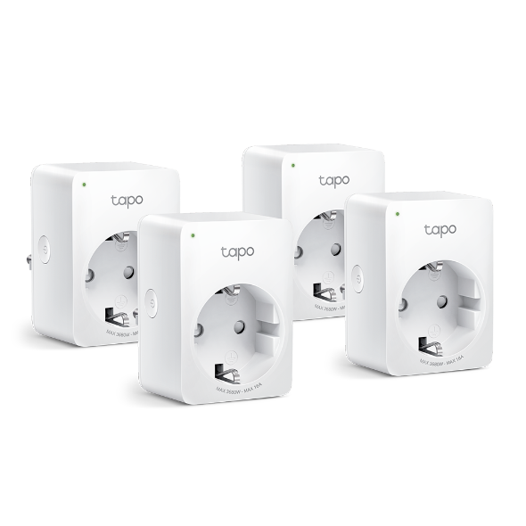 Fotografía técnica oficial de TP-Link Tapo P110 Pack 4 Enchufes WiFi con Monitor de Energía (16A / 3680W) - Vista frontal con fondo neutro