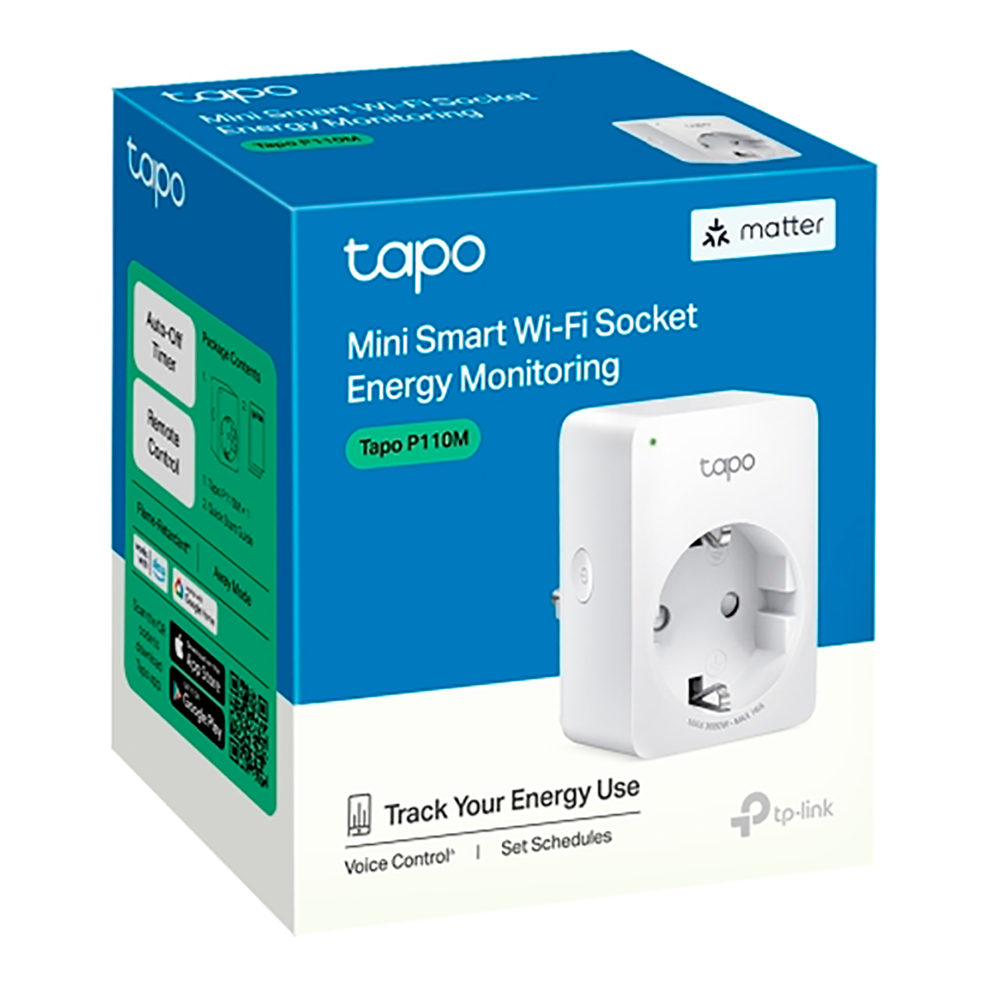 Fotografía técnica oficial de TP-Link Tapo P410M Enchufe Inteligente Exterior IP54 con Matter y Medición de Energía - Vista frontal con fondo neutro