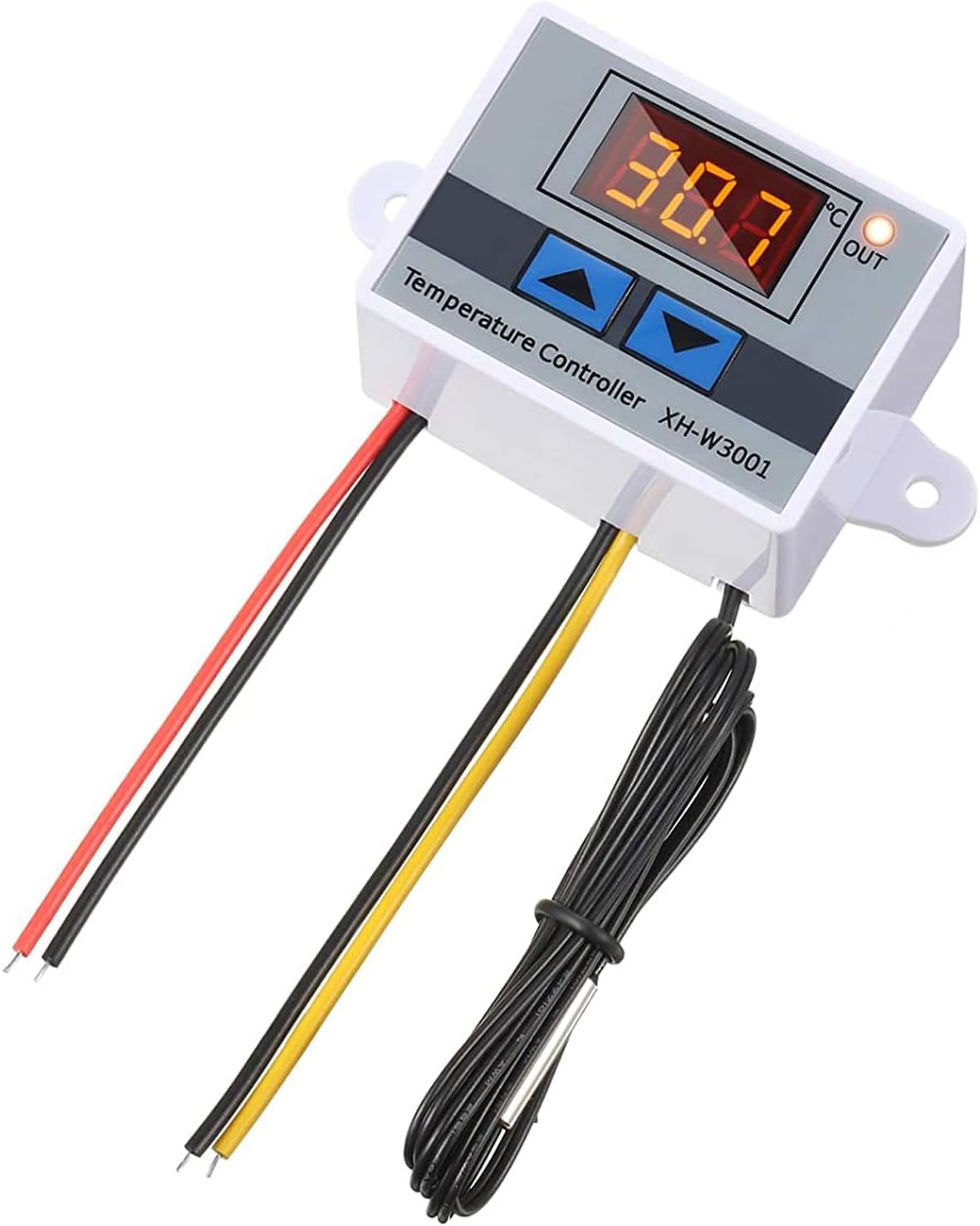 Fotografía técnica oficial de W3230 Termostato Digital Programable 12V DC con Sonda NTC y Relé de 20A - Vista frontal con fondo neutro