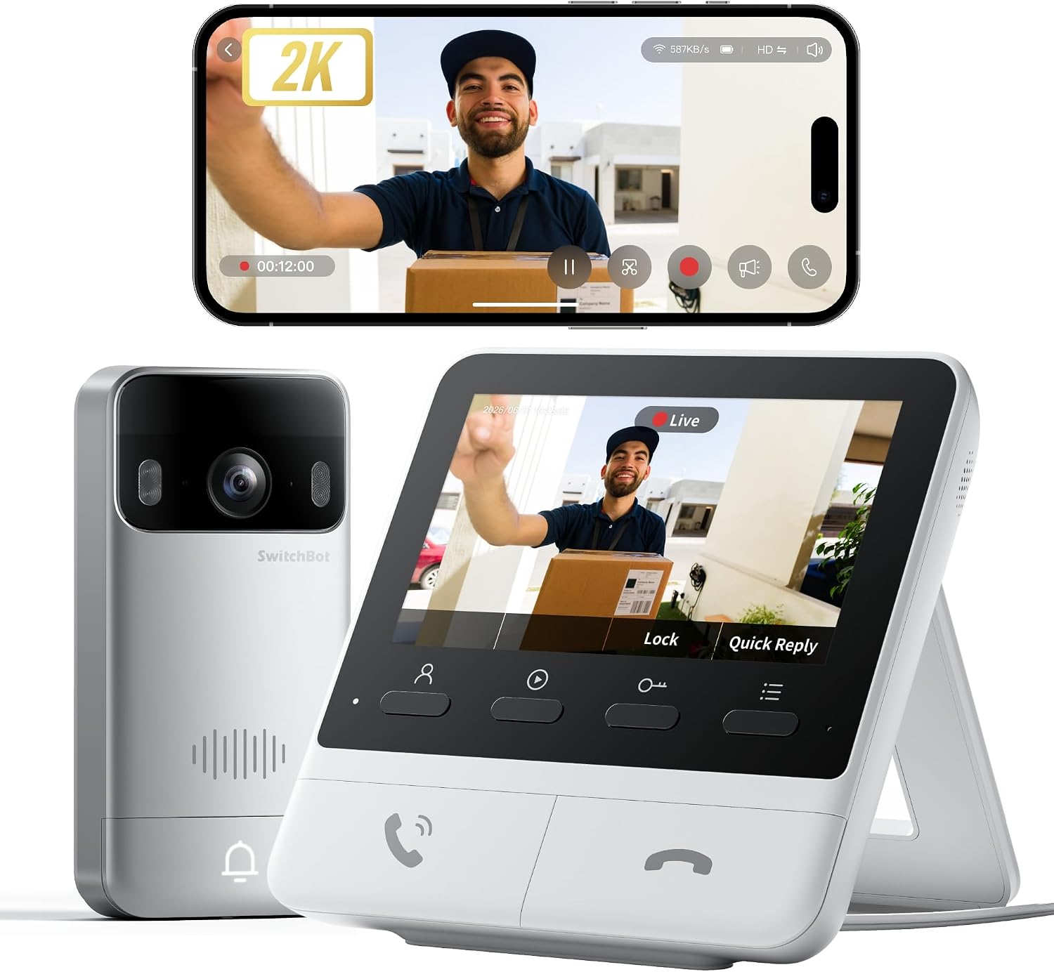 Fotografía técnica oficial de Timbre con Cámara Conectado Compatible con Alexa Echo Show y Google Nest Hub - Vista frontal con fondo neutro
