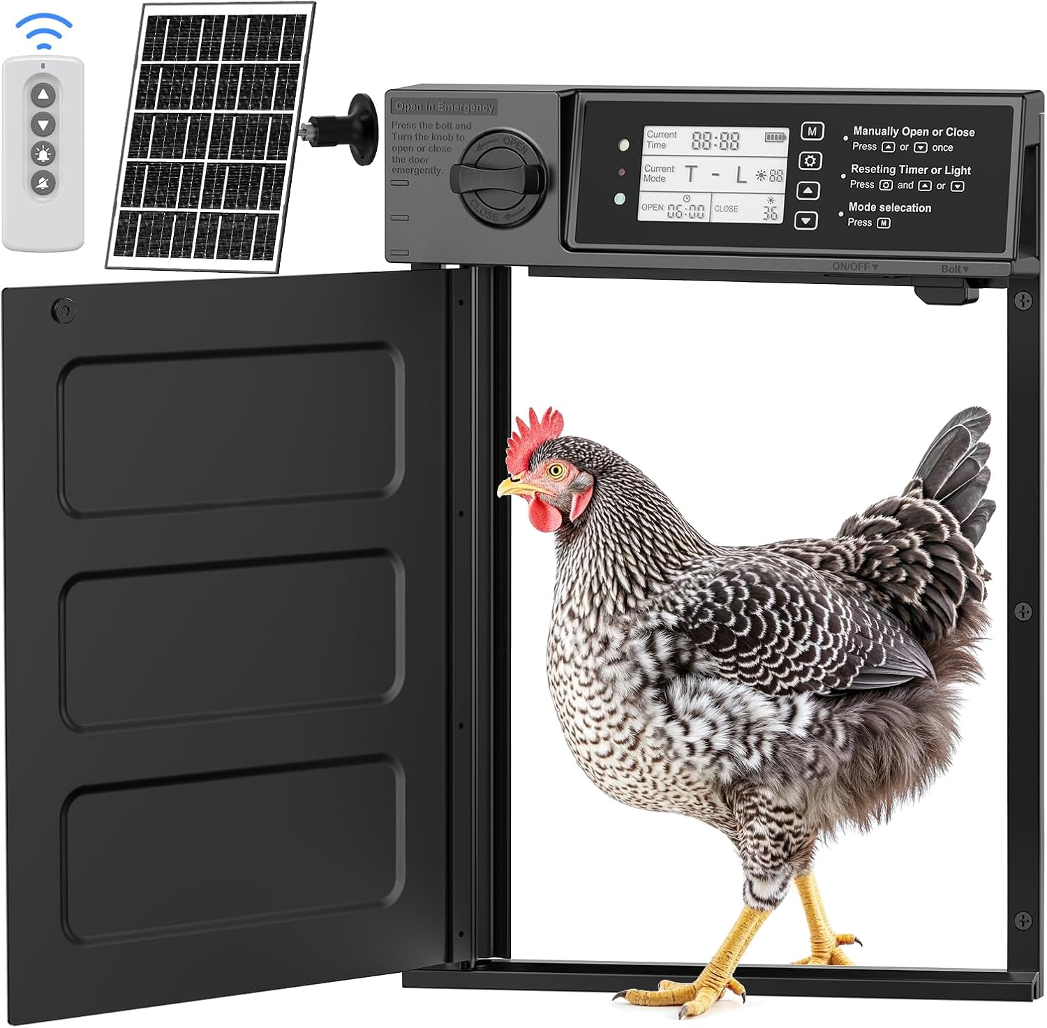 Fotografía técnica oficial de Titan Incubators Puerta Automática Metálica para Aves de Corral con Temporizador - Vista frontal con fondo neutro