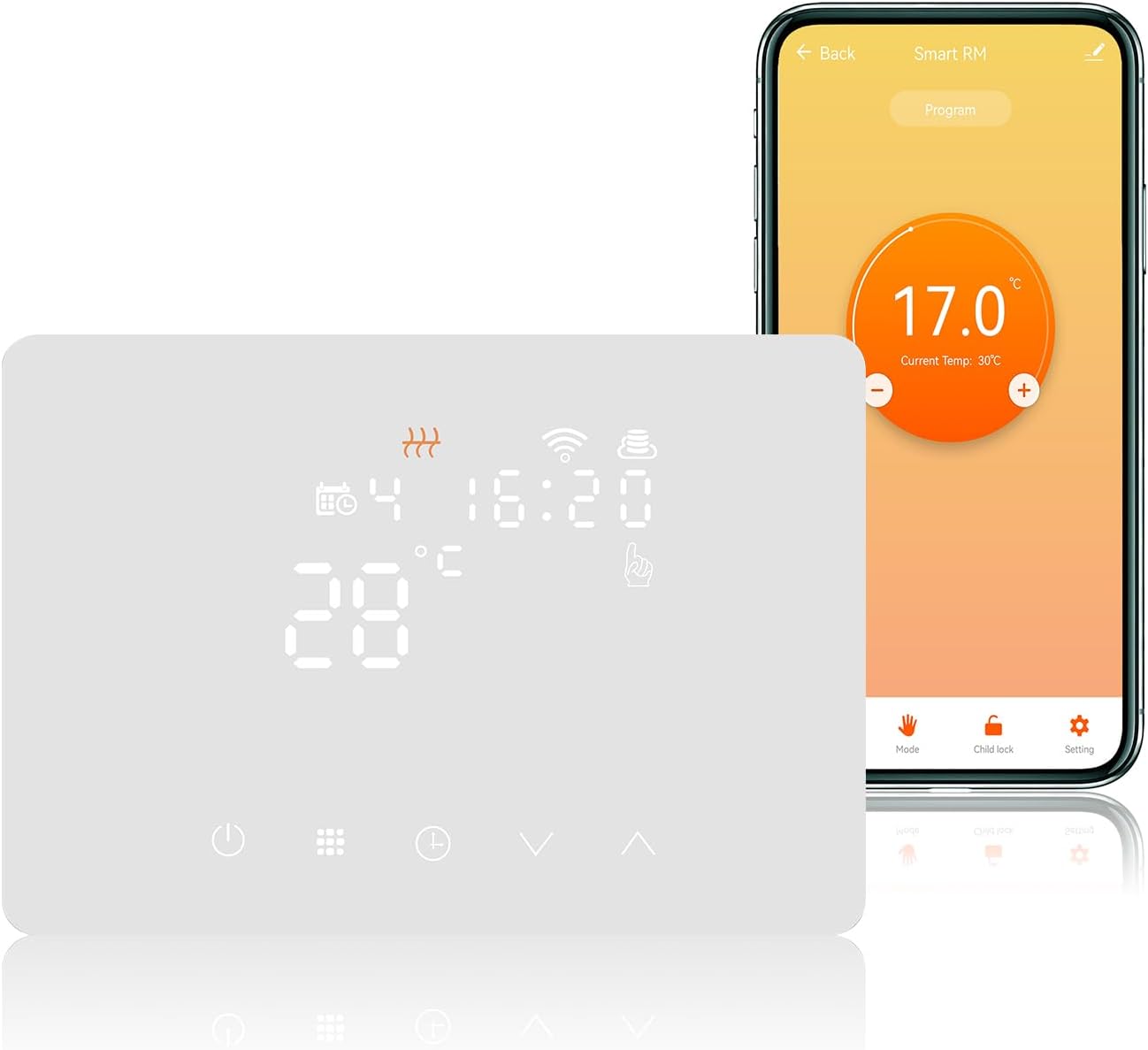 Fotografía técnica oficial de Termostato Inteligente WiFi para Caldera de Gas y Suelo Radiante con Pantalla Táctil - Vista frontal con fondo neutro