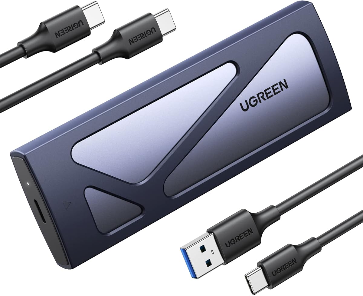 Fotografía técnica oficial de UGREEN Carcasa M.2 NVMe Caja SSD M2 de Aluminio con UASP USB-C 3.2 Gen 2 10Gbps para Backups NAS - Vista frontal con fondo neutro