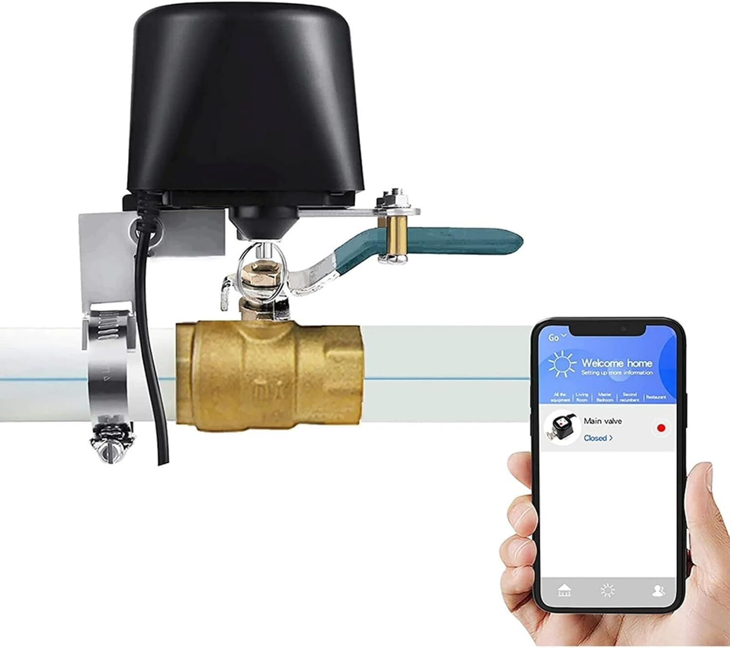Fotografía técnica oficial de Controlador Motorizado WiFi para Válvula de Bola de Agua y Gas con Sensor de Fugas - Vista frontal con fondo neutro