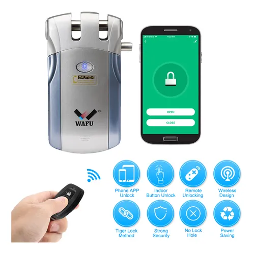 Fotografía técnica oficial de Wafu HF-018 Cerradura de Seguridad Invisible Anti-Intrusión con 4 Mandos a Distancia y Bluetooth - Vista frontal con fondo neutro