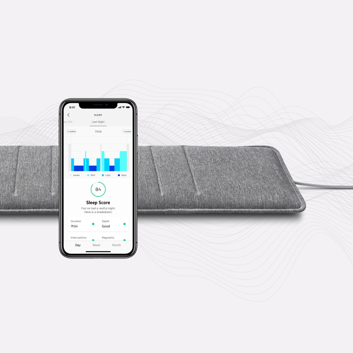 Fotografía técnica oficial de Withings Sleep Analyzer Colchoneta de Análisis del Sueño con Detección Médica de Apnea - Vista frontal con fondo neutro