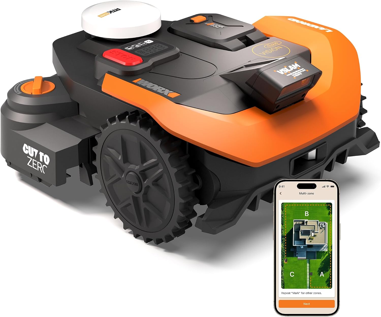Fotografía técnica oficial de Worx Landroid Plus WR165E Robot Cortacésped para 500 m² con Corte al Borde y WiFi - Vista frontal con fondo neutro