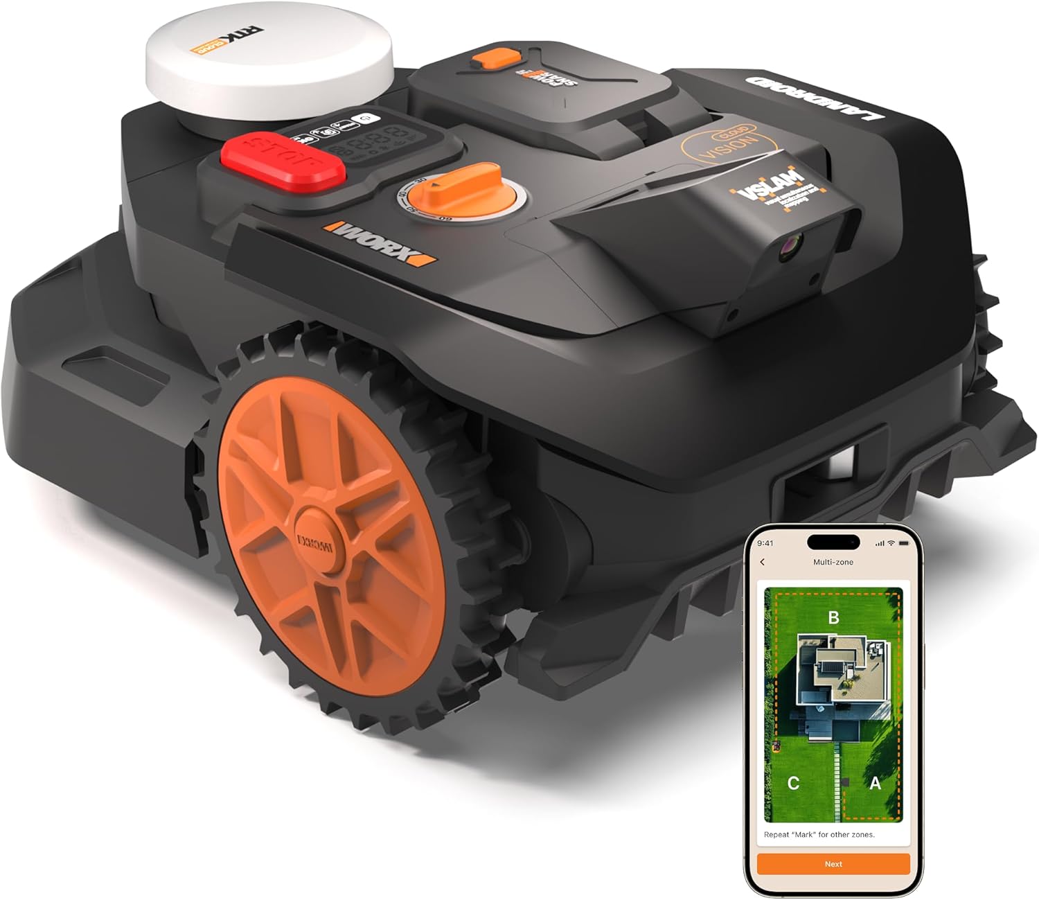 Fotografía técnica oficial de Worx Landroid Vision M600 Robot Cortacésped Inteligente Sin Cable Guiado por Red Neuronal - Vista frontal con fondo neutro