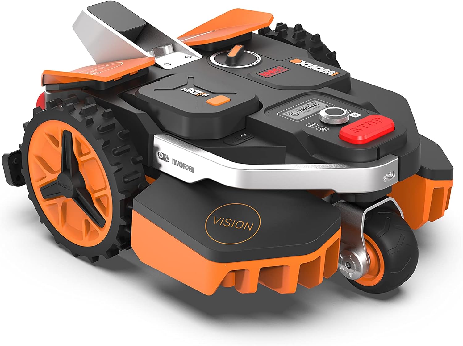 Fotografía técnica oficial de Worx Landroid Vision M600 Robot Cortacésped Sin Cable Perimetral con Cámara HDR e IA - Vista frontal con fondo neutro