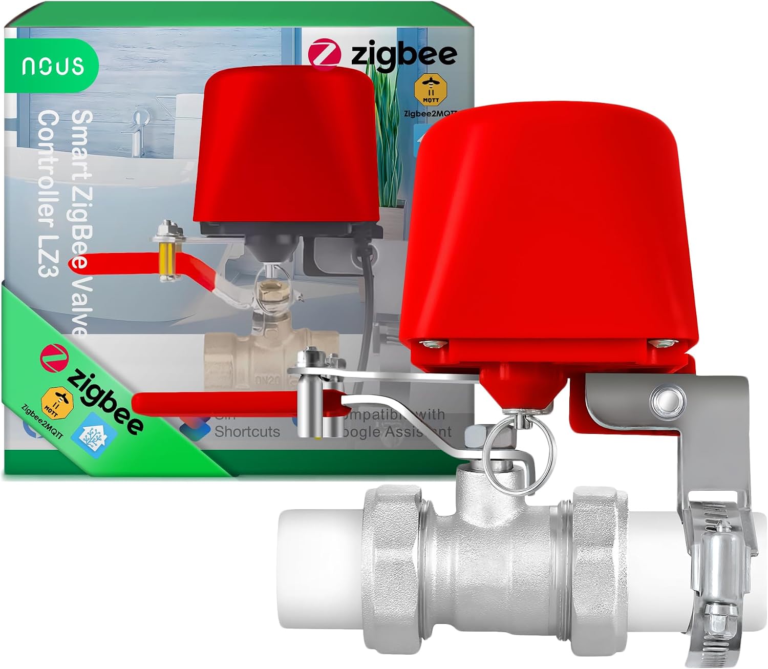 Fotografía técnica oficial de Válvula Motorizada Zigbee 3.0 de Corte de Agua y Gas con Respuesta Inmediata - Vista frontal con fondo neutro